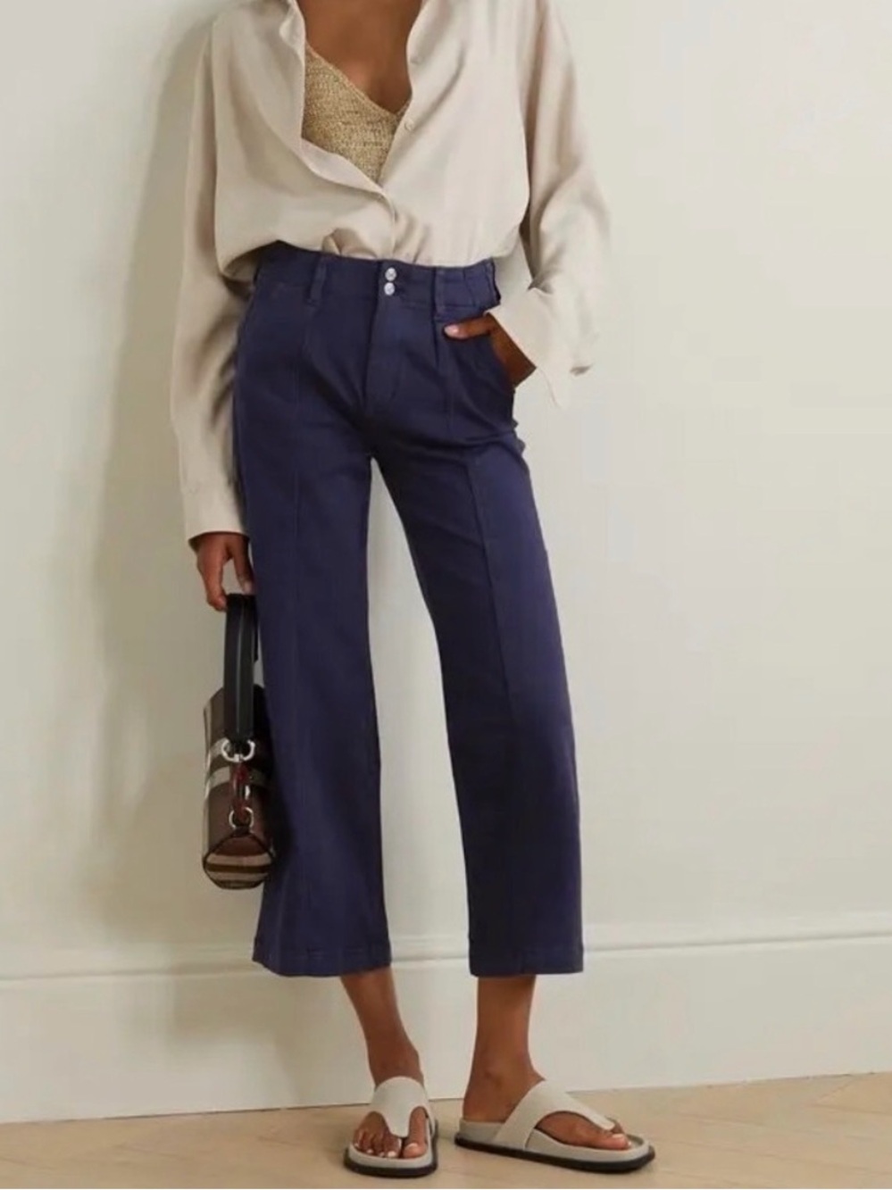 PAIGE Brooklyn Cropped Wide Leg Pants 27 Navy High Rise Chic Modern Navy